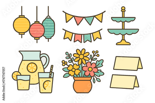Colorful collection of party and celebration elements including lanterns, flags, flowers, and lemonade