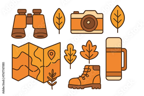 Essential items for autumn hiking and travel including map binoculars and camera