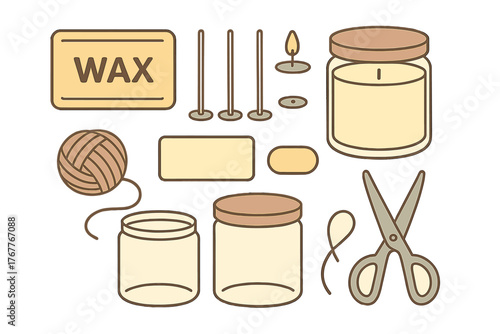 Equipment and ingredients for homemade candle making including glass jars, wax, wicks, and scissors