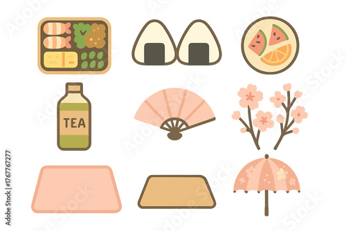 Collection of traditional Japanese food and cultural accessories for an outdoor picnic