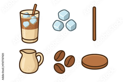 Iced latte drink with ice cubes, coffee beans, and creamer pitcher elements
