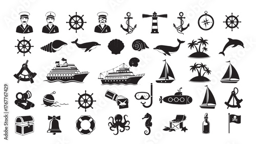 Maritime and Nautical Glyph Icon Set, Vector Pictograms of Ship, Anchor, Compass, Lighthouse, Dolphin, Sailing, Marine Life, Ocean Travel, Black Silhouette Illustration