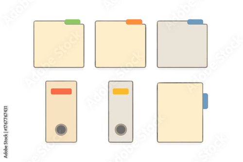 Six stylized office document icons set featuring file folders and ring binders with colored tabs