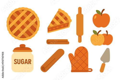 Apple pie slice, fresh apples, cinnamon sticks, rolling pin, and baking mitt set