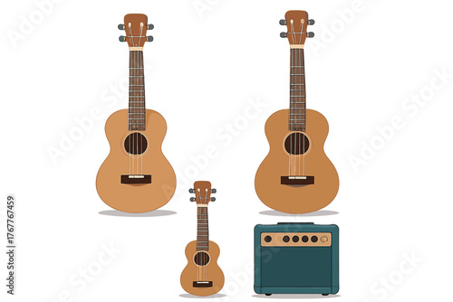 Collection of wooden ukuleles in soprano and concert sizes next to a retro teal amplifier
