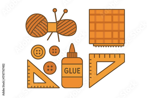 Essential crafting and sewing supplies collection featuring yarn, fabric, buttons, glue, and measuring tools