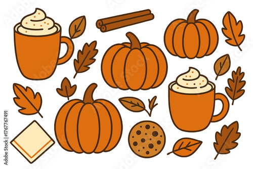 Autumn harvest and cozy drink elements set featuring pumpkins, spice lattes, and fall foliage