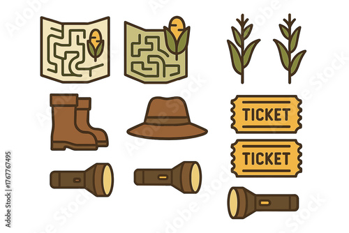 Elements of a corn maze adventure: map, boots, hat, flashlight, corn stalks, and tickets