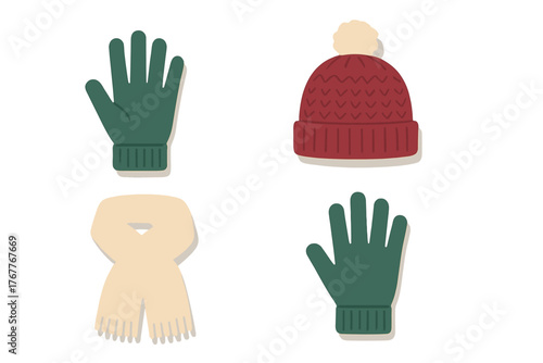 Set of essential winter accessories featuring a red knitted beanie, beige scarf, and green gloves