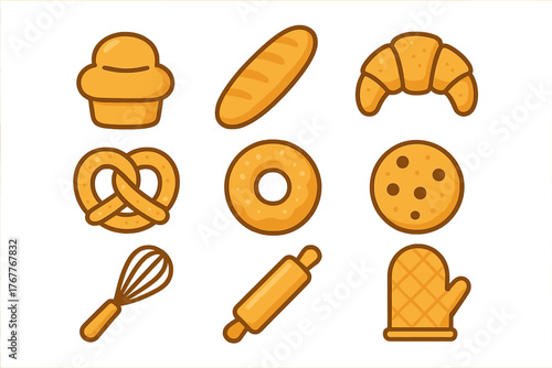 Set of flat design icons showing baked goods and essential kitchen baking tools