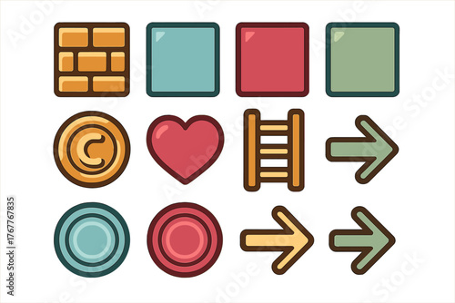 Classic arcade game interface elements and level design assets in a simple flat style