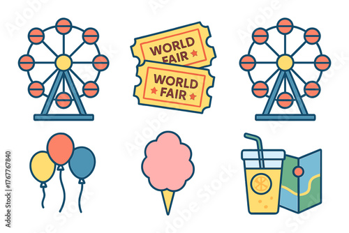 Colorful icons representing amusement park rides, fairground food, tickets, and balloons
