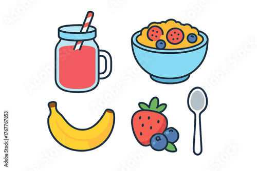 Healthy breakfast items including smoothie, oatmeal, banana, and berries in a colorful outline style