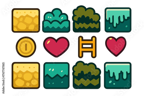 Retro video game assets collection with ground tiles foliage hearts and coin icons