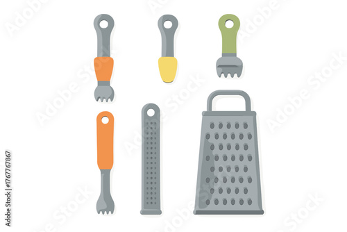 Modern kitchen tools assortment featuring a large metal grater and colorful handheld peelers