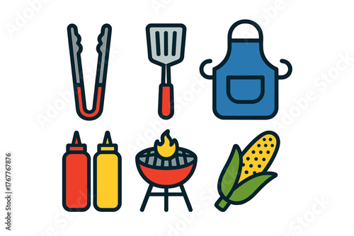 Essential barbecue grilling tools and food set including tongs spatula apron grill and corn