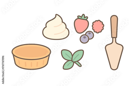 Cute dessert ingredients and baking tools including tart crust, whipped cream, fresh berries, and server
