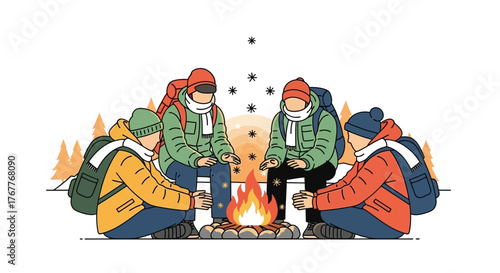 Campers Gathered Around a Cozy Blaze on a Winter Adventure Under the Stars
