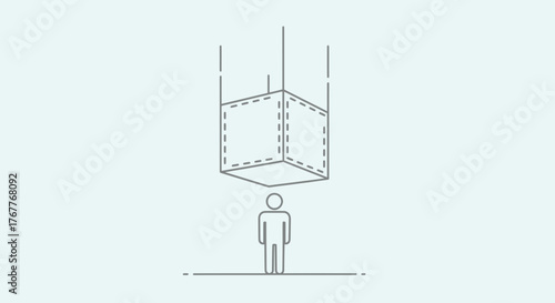 Conceptual Illustration Depicting a Person Observing a Suspended Geometric Structure