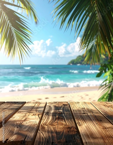 Wooden deck overlooking tropical beach