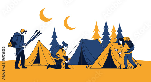 Camping Under The Crescent Moon: An Evening Adventure Outdoors In Nature