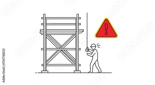 Construction Safety: Scaffolding, Worker, and Warning Sign Illustrate Hazard Concerns
