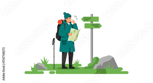 Confused Hiker Consults Map at Trailhead, Seeking Pathfinding Guidance For Expedition