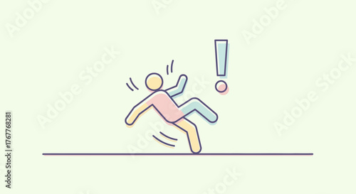 Cartoon Illustration Depicting a Person Slipping and Falling with an Exclamation Mark