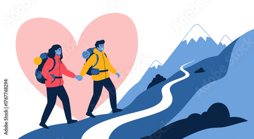 Couple Hiking Together Showing Love, Climbing Mountain, Adventure, Romantic Journey