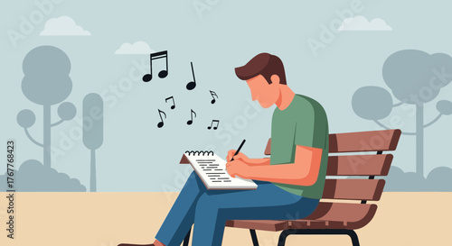 Creative Composition of a Man Writing Music Notes in a Park Outdoors Concept