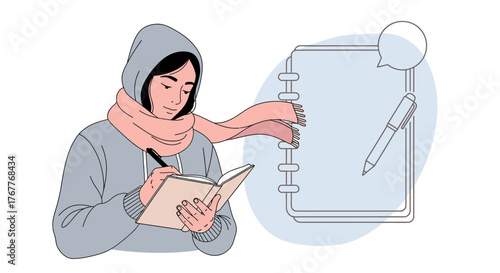Creative Female Journaling In Hooded Outfit Contemplating Ideas and Thoughts Seamlessly