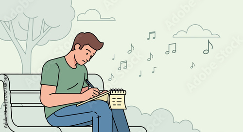 Creative Composition of a Man Writing Music Notes in a Peaceful Park Setting