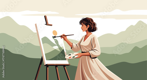 Creative Painter Enjoys Painting Landscapes Outdoors In A Serene Artistic Setting