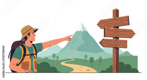 Choosing The Perfect Pathway For Hike Adventures In The Mountains, Vector Illustration
