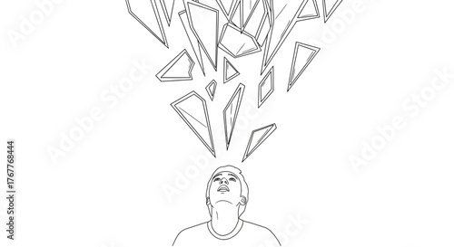 Creative Conceptual Illustration of a Person Contemplating Fragmented Ideas Exploding