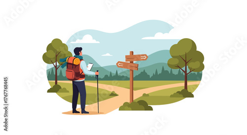 Choosing The Right Path: Hiker On A Trail With Wooden Sign Illustration