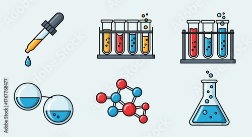 Scientific laboratory tools collection for experiment and research with chemical reactions in