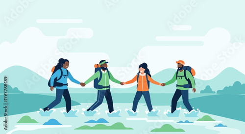 Collaborative Trekking Experience Of A Group Of Diverse Hikers Crossing Water Successfully