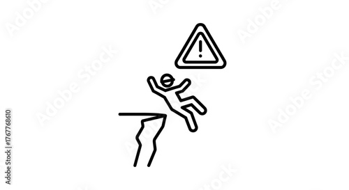 Danger Of Falling From A Cliff, Warning Sign And Silhouette Of A Person Falling