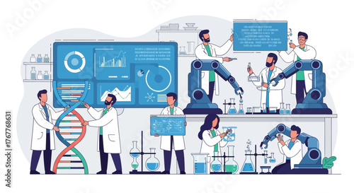 Teamwork in scientific research modern laboratory with researchers and robotic arms
