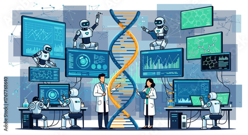 Collaborative research team of scientists and robots analyzing complex data in futuristic laboratory