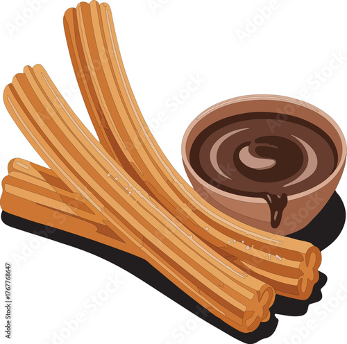 Spanish snack food delicious churros illustration with hot chocolate sauce
