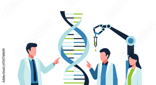 Genetic research illustration featuring scientists, dna strand, and robotic arm with a test tube