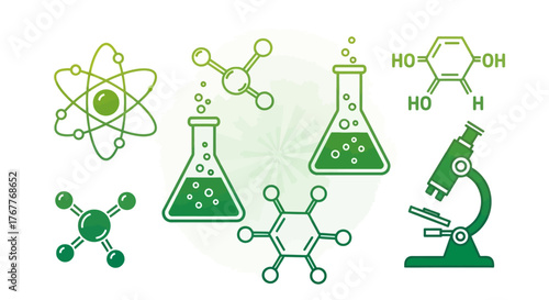 Abstract science illustration with atom, molecule, beakers and microscope graphic for educational
