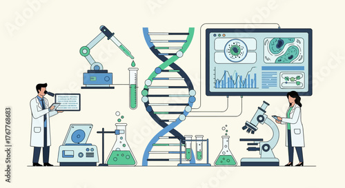 Modern research illustration depicting scientists, dna structure, and laboratory equipment in a