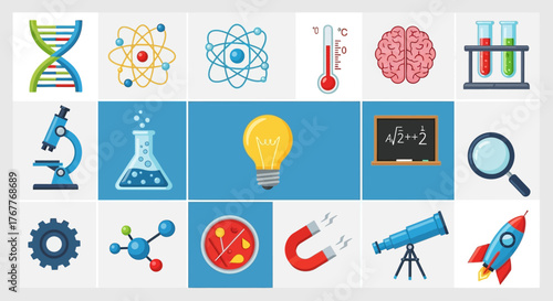 Science and learning icons, a colorful graphic representation of scientific exploration and