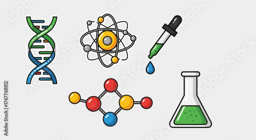 Science and Chemistry Icons: DNA Structure, Atom Model, Pipette, Molecule and Flask