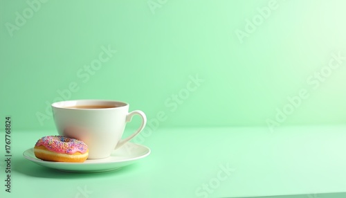 Cup of coffee with donut on white plate against mint green background  
