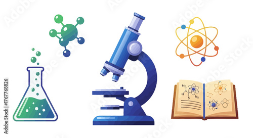 Illustration showcasing various scientific elements and equipment for educational themes such as