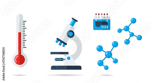 Illustration showcasing medical and scientific equipment and chemistry elements, promoting health